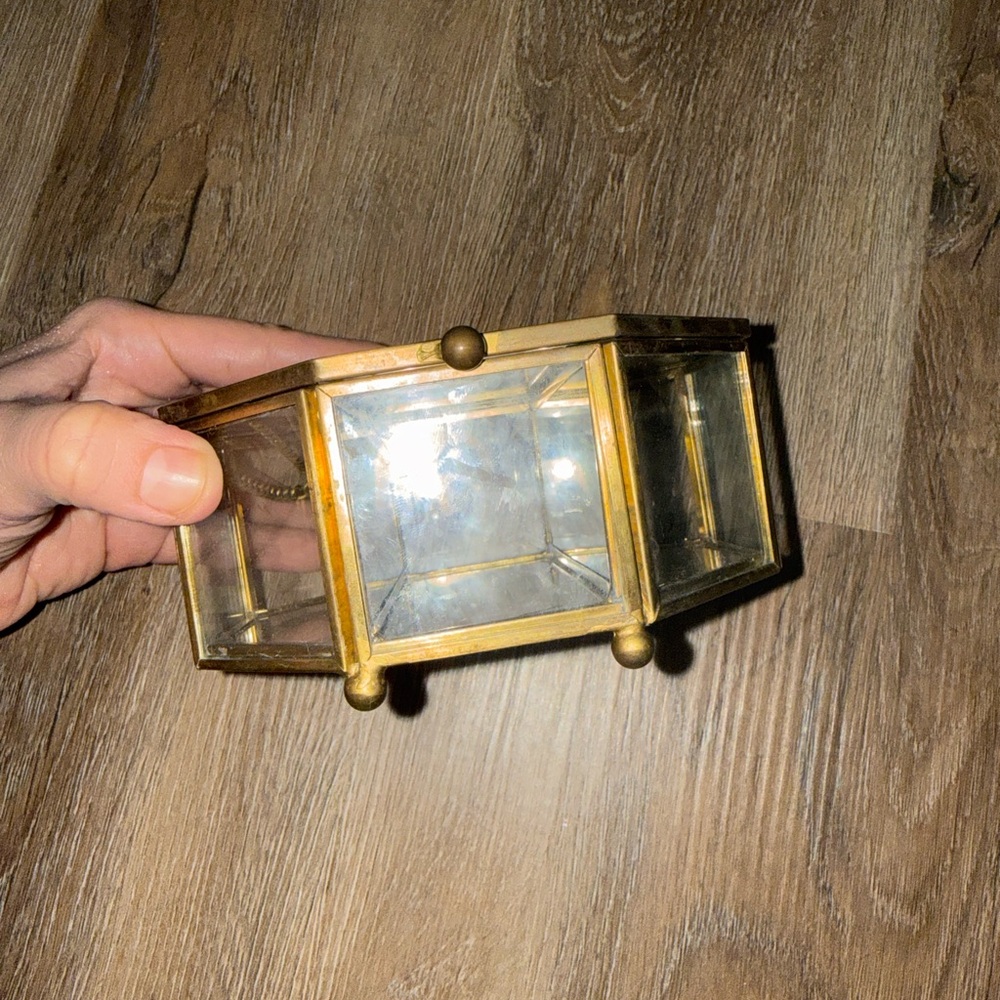 Glass and Brass Hexagonal Jewelry Box - Gold